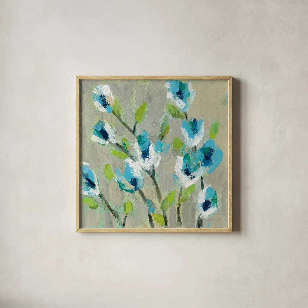 Whimsical Branch II by Silvia Vassileva. Shown in a natural wood glass frame for a timeless modern aesthetic. Available as an archival giclee rolled canvas, fine art paper, or poster print. SKU 53709a.