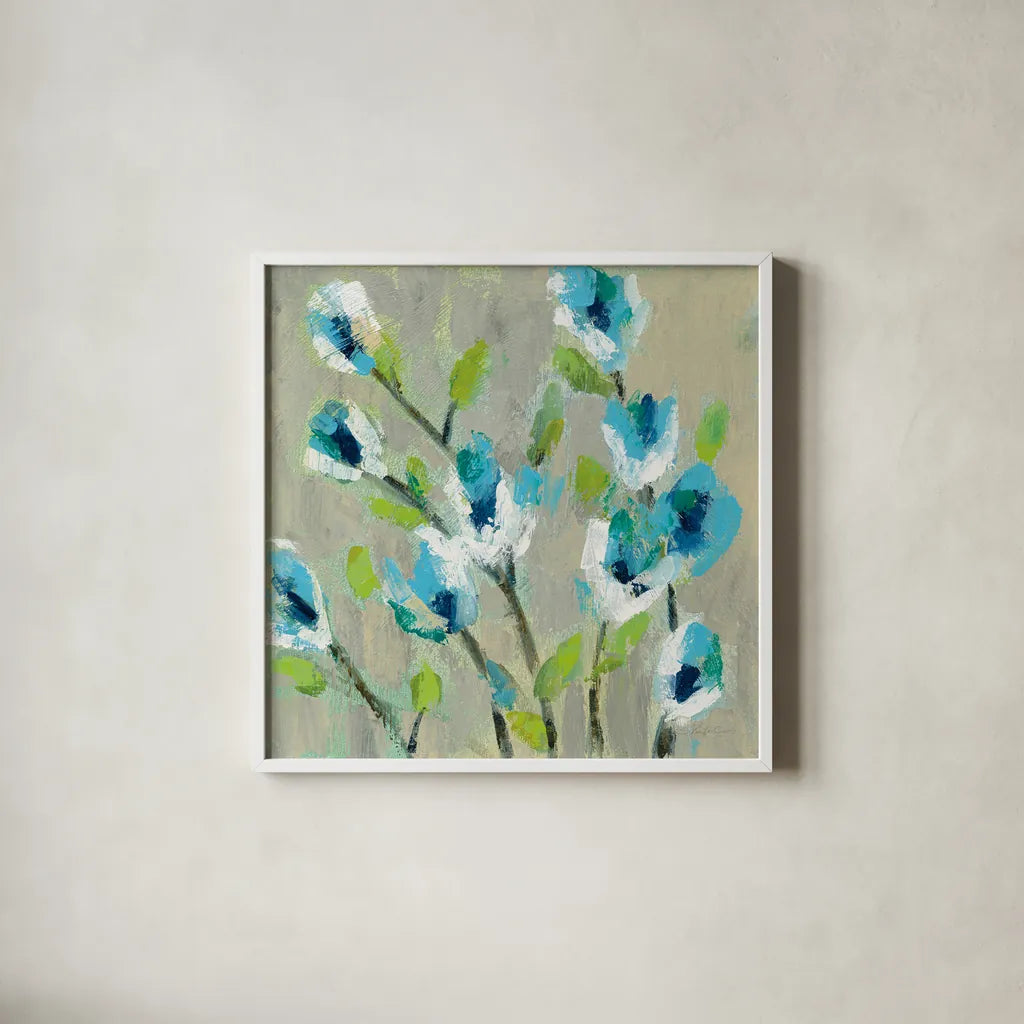 Whimsical Branch II by Silvia Vassileva. Shown in a crisp white glass frame for a clean and minimalist style. Available as an archival giclee rolled canvas, fine art paper, or poster print. SKU 53709a.