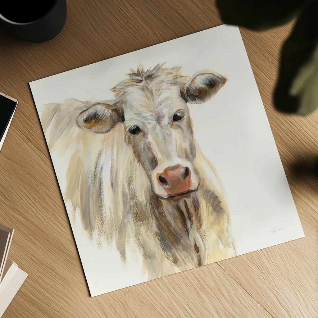 White Cow by Silvia Vassileva. Shown as a detailed flat fine art print, highlighting archival giclee quality. Available as an archival giclee rolled canvas, fine art paper, or poster print. SKU 62966a.