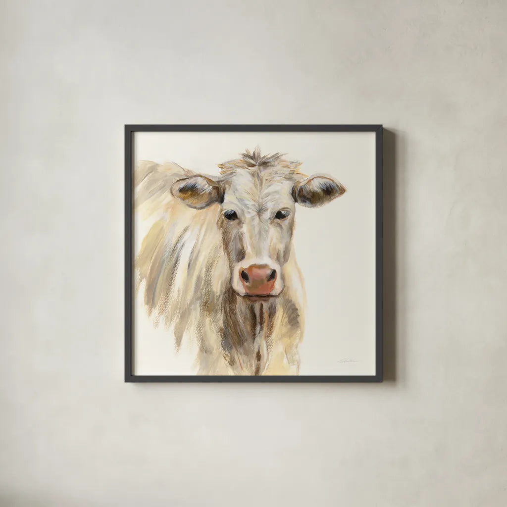 White Cow by Silvia Vassileva. Shown in a sleek black glass frame for a contemporary gallery look. Available as an archival giclee rolled canvas, fine art paper, or poster print. SKU 62966a.