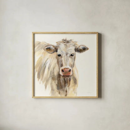 White Cow by Silvia Vassileva. Shown in a natural wood glass frame for a timeless modern aesthetic. Available as an archival giclee rolled canvas, fine art paper, or poster print. SKU 62966a.