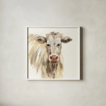 White Cow by Silvia Vassileva. Shown in a crisp white glass frame for a clean and minimalist style. Available as an archival giclee rolled canvas, fine art paper, or poster print. SKU 62966a.