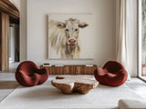 White Cow by Silvia Vassileva. Shown as extra-large giant wall art in a modern living room. Available as an archival giclee rolled canvas, fine art paper, or poster print. SKU 62966a.