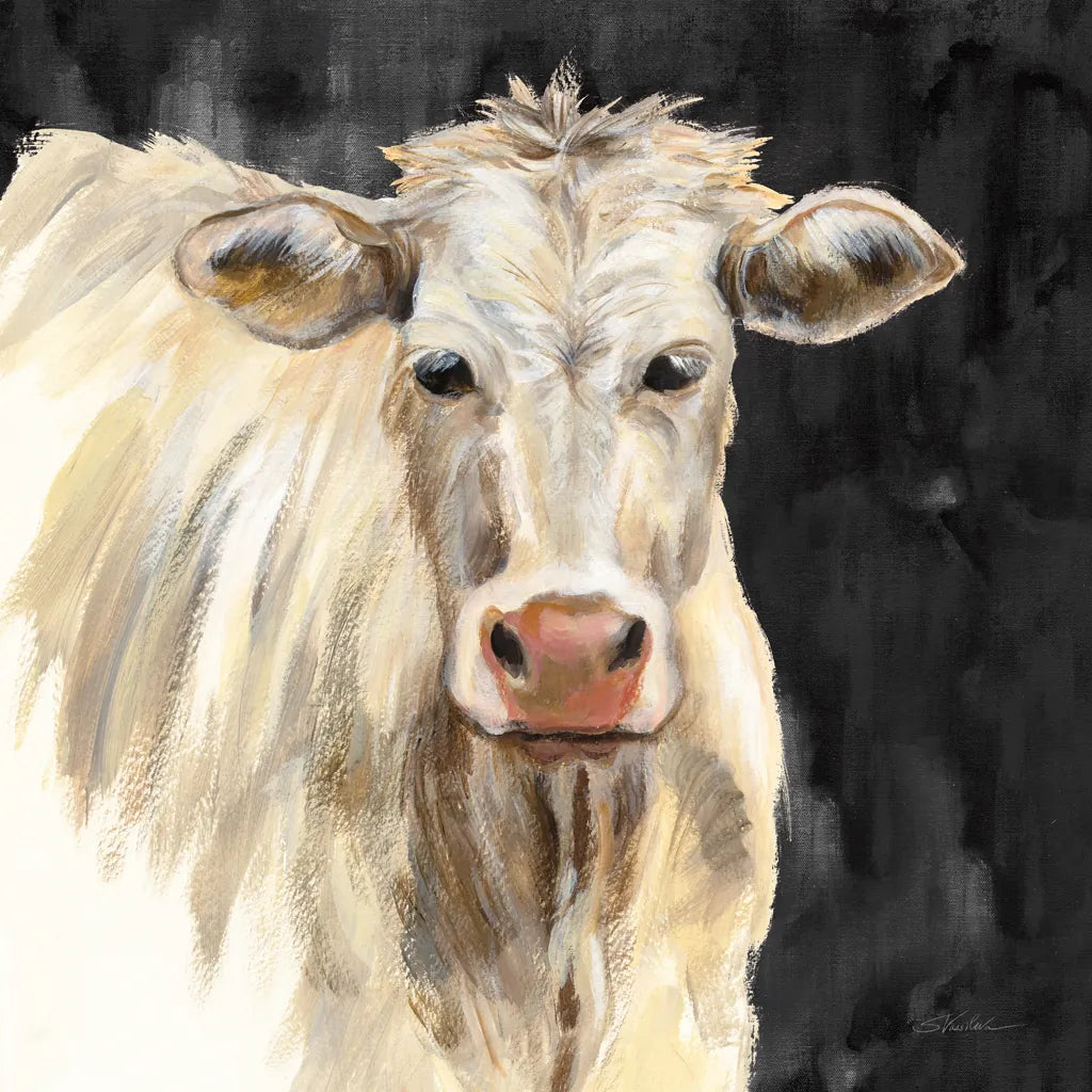 White Cow on Black by Silvia Vassileva. SKU 70337a. Archival Giclee Fine art print for wall decor.