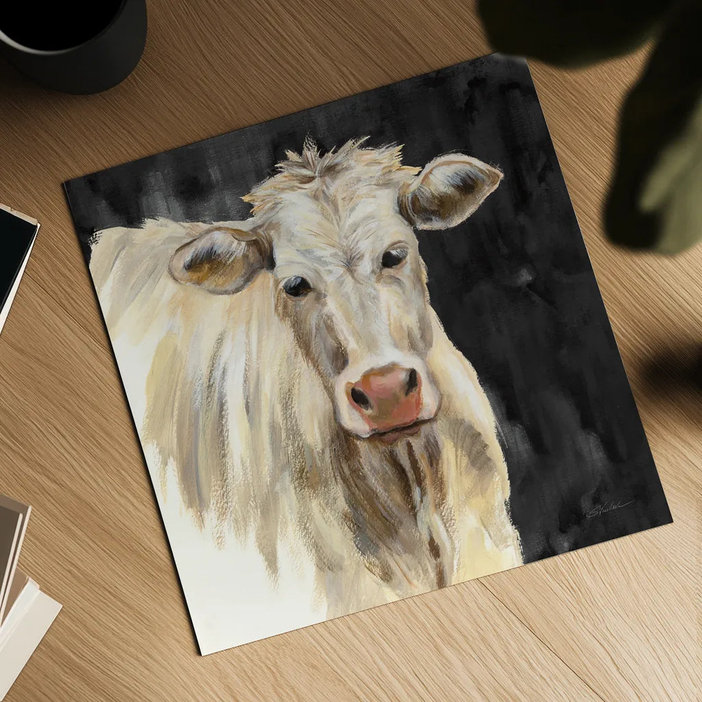 White Cow on Black by Silvia Vassileva. Shown as a detailed flat fine art print, highlighting archival giclee quality. Available as an archival giclee rolled canvas, fine art paper, or poster print. SKU 70337a.