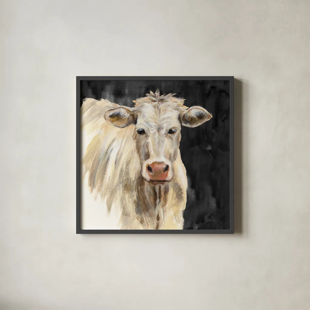 White Cow on Black by Silvia Vassileva. Shown in a sleek black glass frame for a contemporary gallery look. Available as an archival giclee rolled canvas, fine art paper, or poster print. SKU 70337a.