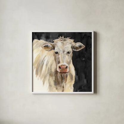 White Cow on Black by Silvia Vassileva. Shown in a crisp white glass frame for a clean and minimalist style. Available as an archival giclee rolled canvas, fine art paper, or poster print. SKU 70337a.