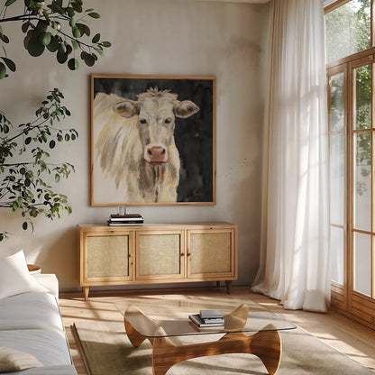 White Cow on Black by Silvia Vassileva. Shown in a natural wood frame in a cozy modern living room. Available as an archival giclee rolled canvas, fine art paper, or poster print. SKU 70337a.