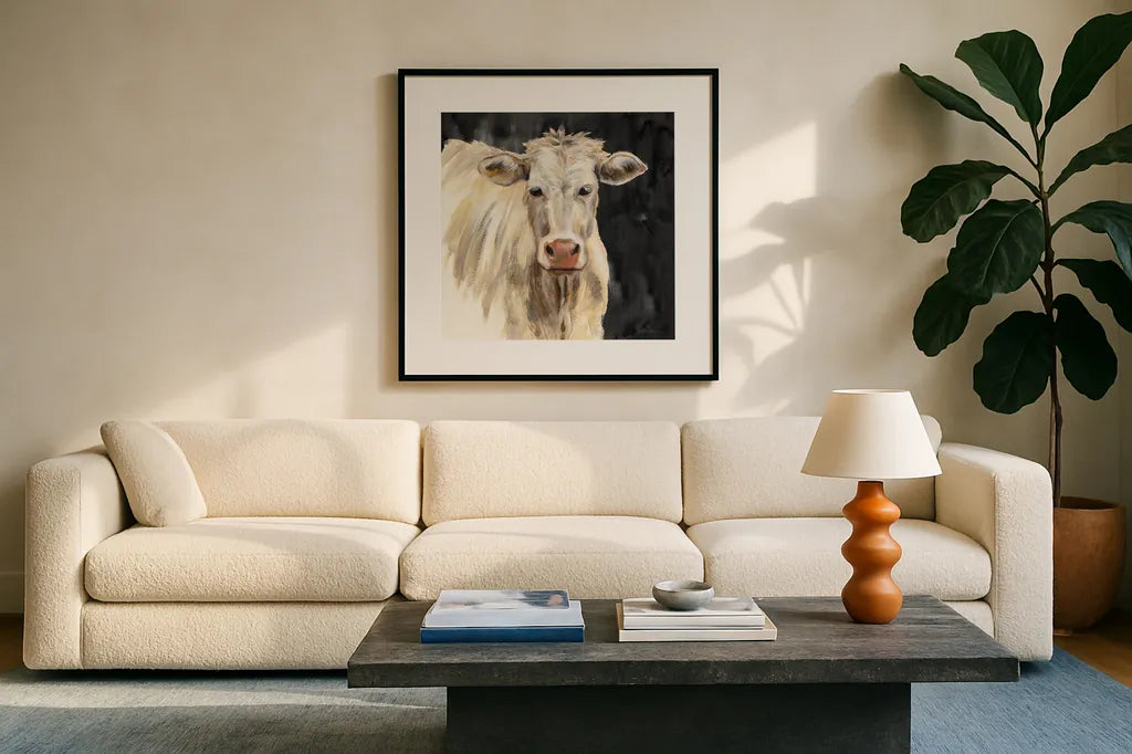 White Cow on Black by Silvia Vassileva. Displayed in a glass frame with matte in a clean modern living room. Available as an archival giclee rolled canvas, fine art paper, or poster print. SKU 70337a.