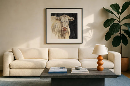White Cow on Black by Silvia Vassileva. Displayed in a glass frame with matte in a clean modern living room. Available as an archival giclee rolled canvas, fine art paper, or poster print. SKU 70337a.