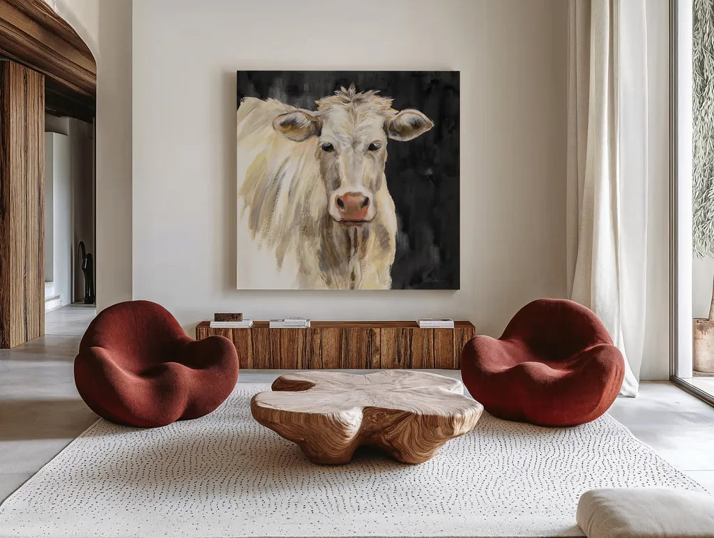White Cow on Black by Silvia Vassileva. Shown as extra-large giant wall art in a modern living room. Available as an archival giclee rolled canvas, fine art paper, or poster print. SKU 70337a.