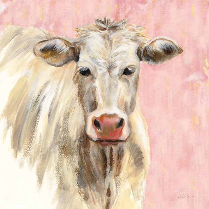 White Cow on Pink by Silvia Vassileva. SKU 69171a. Archival Giclee Fine art print for wall decor.