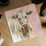 White Cow on Pink by Silvia Vassileva. Shown as a detailed flat fine art print, highlighting archival giclee quality. Available as an archival giclee rolled canvas, fine art paper, or poster print. SKU 69171a.