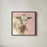 White Cow on Pink by Silvia Vassileva. Shown in a sleek black glass frame for a contemporary gallery look. Available as an archival giclee rolled canvas, fine art paper, or poster print. SKU 69171a.