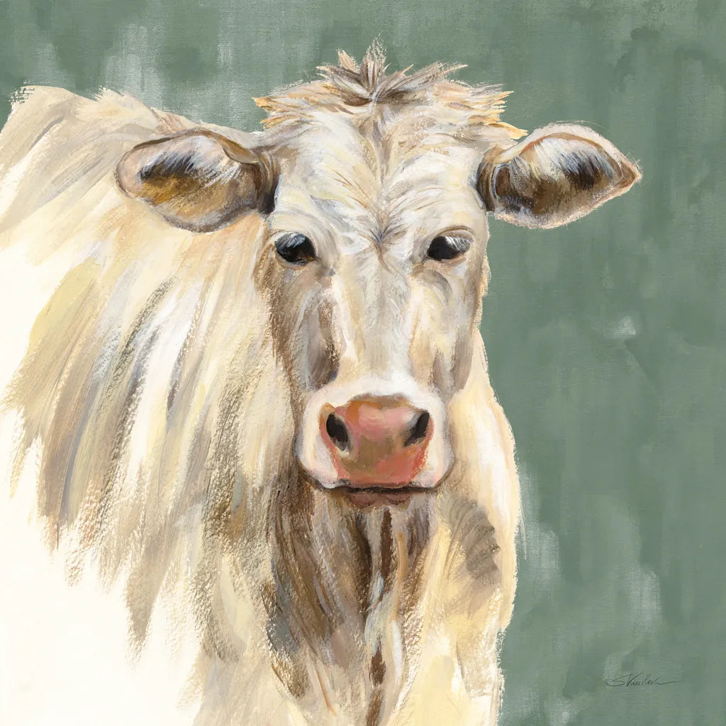 White Cow on Sage by Silvia Vassileva. SKU 70336a. Archival Giclee Fine art print for wall decor.