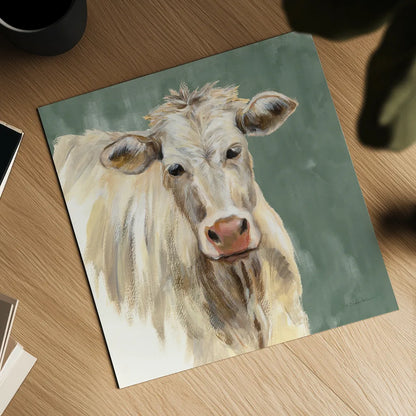 White Cow on Sage by Silvia Vassileva. Shown as a detailed flat fine art print, highlighting archival giclee quality. Available as an archival giclee rolled canvas, fine art paper, or poster print. SKU 70336a.