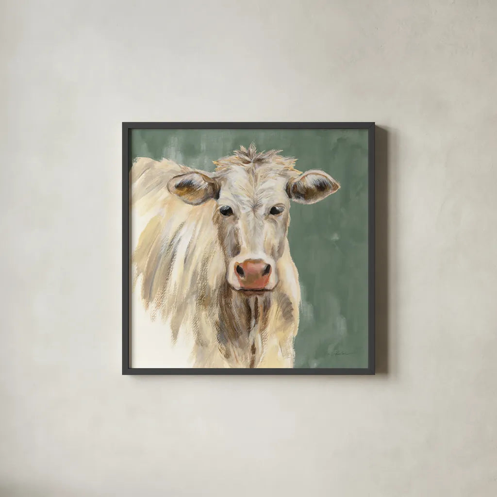 White Cow on Sage by Silvia Vassileva. Shown in a sleek black glass frame for a contemporary gallery look. Available as an archival giclee rolled canvas, fine art paper, or poster print. SKU 70336a.