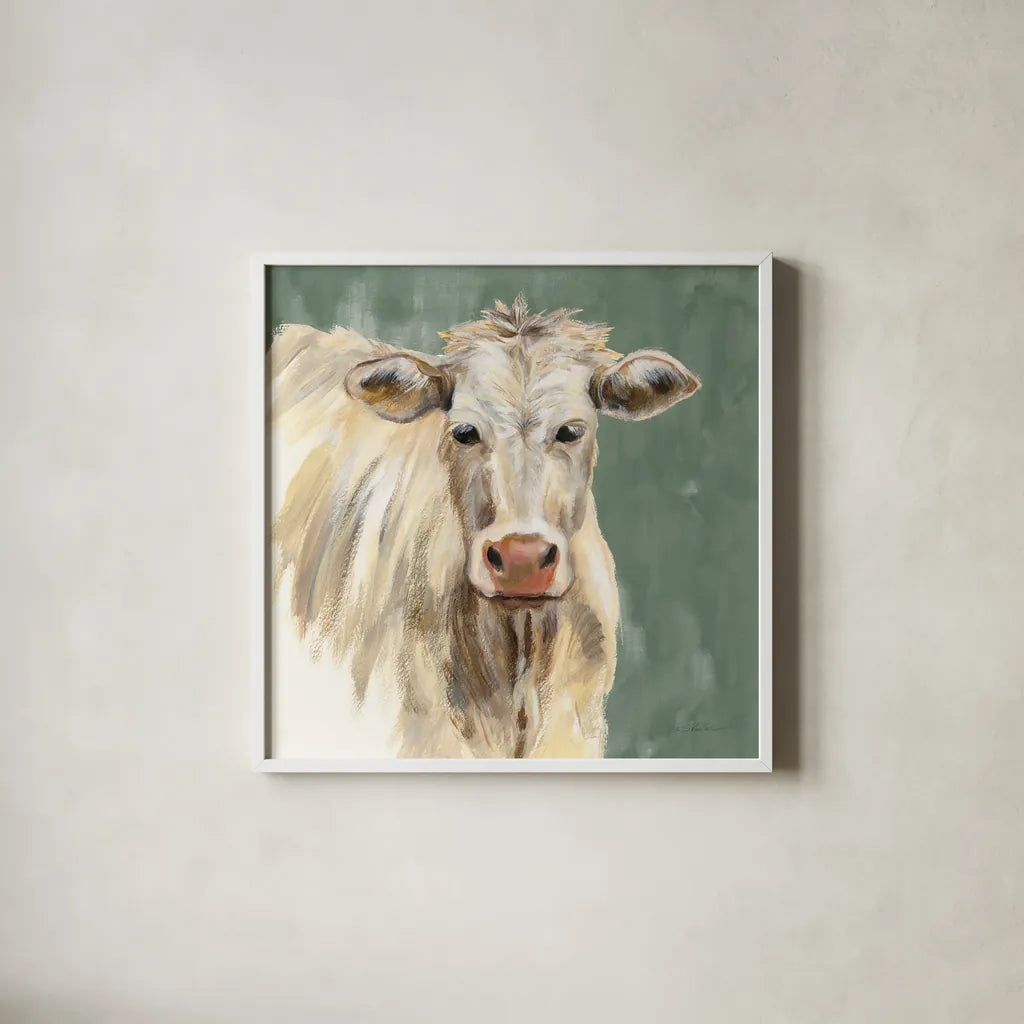 White Cow on Sage by Silvia Vassileva. Shown in a crisp white glass frame for a clean and minimalist style. Available as an archival giclee rolled canvas, fine art paper, or poster print. SKU 70336a.