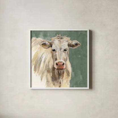 White Cow on Sage by Silvia Vassileva. Shown in a crisp white glass frame for a clean and minimalist style. Available as an archival giclee rolled canvas, fine art paper, or poster print. SKU 70336a.