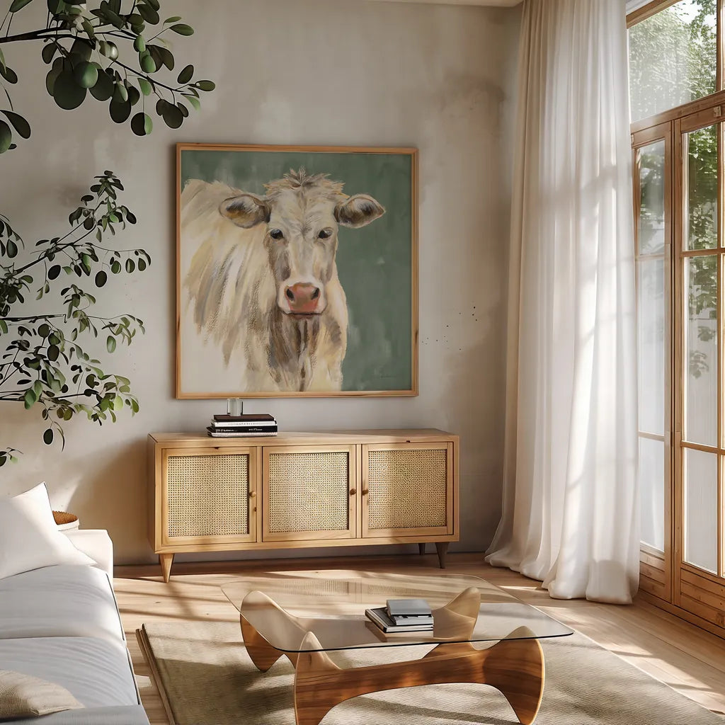 White Cow on Sage by Silvia Vassileva. Shown in a natural wood frame in a cozy modern living room. Available as an archival giclee rolled canvas, fine art paper, or poster print. SKU 70336a.
