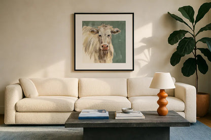 White Cow on Sage by Silvia Vassileva. Displayed in a glass frame with matte in a clean modern living room. Available as an archival giclee rolled canvas, fine art paper, or poster print. SKU 70336a.
