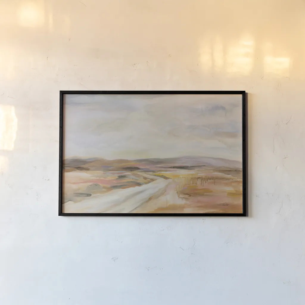 White Desert Road by Silvia Vassileva. shown as a paper print in a black flame. Available as a archival giclee rolled canvas, fine art paper, or poster print. SKU 89309i.