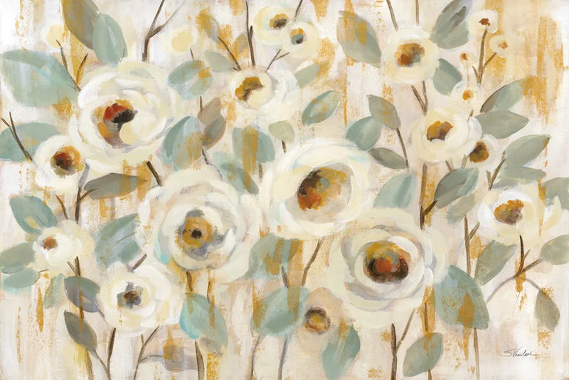 White Gold and Sage Floral by Silvia Vassileva. SKU 70504i. Archival Giclee Fine art print for wall decor.