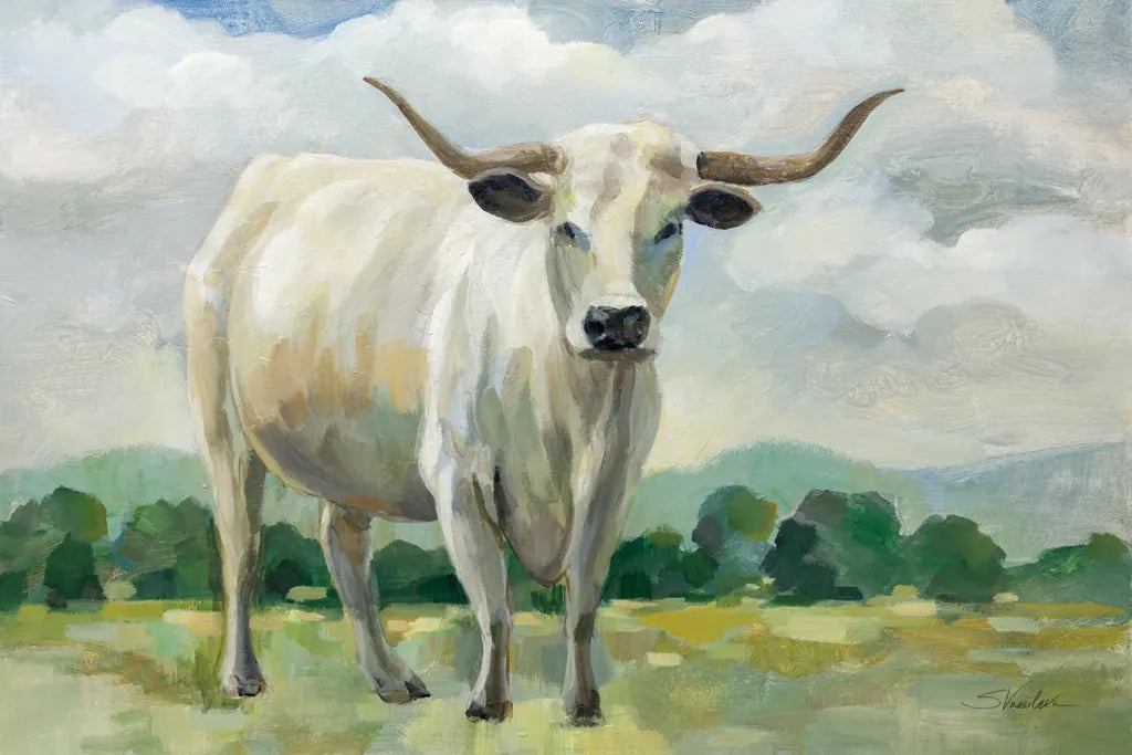 White Longhorn Cow by Silvia Vassileva. SKU 84273i. Archival Giclee Fine art print for wall decor.