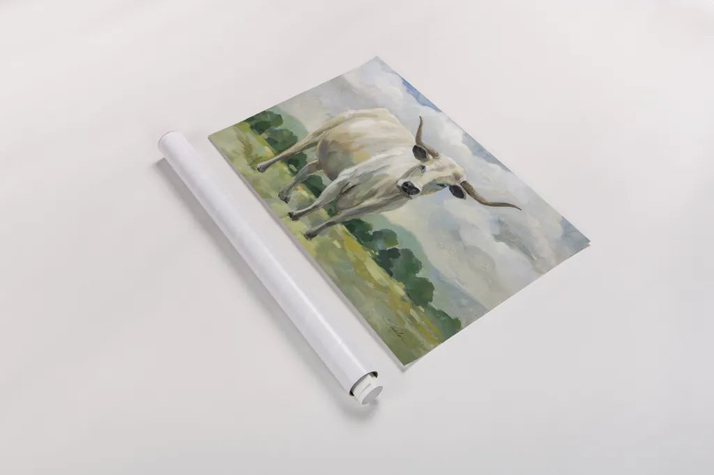 White Longhorn Cow by Silvia Vassileva. shown as a rolled paper print. Available as archival giclee rolled canvas, fine art paper, or poster print. SKU 84273i.