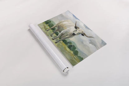 White Longhorn Cow by Silvia Vassileva. shown as a rolled paper print. Available as archival giclee rolled canvas, fine art paper, or poster print. SKU 84273i.