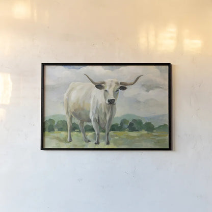 White Longhorn Cow by Silvia Vassileva. shown as a paper print in a black flame. Available as a archival giclee rolled canvas, fine art paper, or poster print. SKU 84273i.