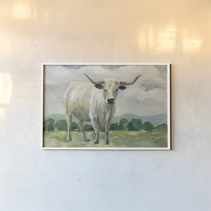 White Longhorn Cow by Silvia Vassileva. shown as a paper print in a white frame. Available as a archival giclee rolled canvas, fine art paper, or poster print. SKU 84273i.