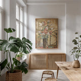 White Roses and Celadon Cup Crop by Silvia Vassileva. shown as a print in a natural wood frame in a dining room. Available as a archival giclee rolled canvas, fine art paper, or poster print. SKU 9551h.