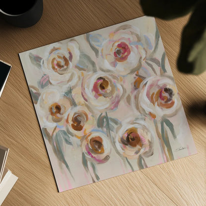 White and Blush Flowers by Silvia Vassileva. Shown as a detailed flat fine art print, highlighting archival giclee quality. Available as an archival giclee rolled canvas, fine art paper, or poster print. SKU 89033a.