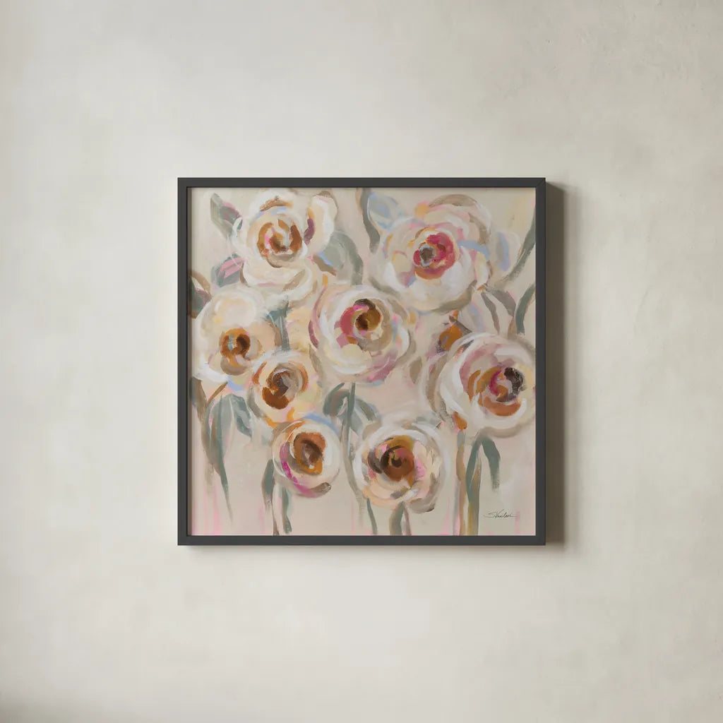 White and Blush Flowers by Silvia Vassileva. Shown in a sleek black glass frame for a contemporary gallery look. Available as an archival giclee rolled canvas, fine art paper, or poster print. SKU 89033a.
