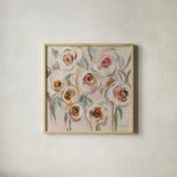 White and Blush Flowers by Silvia Vassileva. Shown in a natural wood glass frame for a timeless modern aesthetic. Available as an archival giclee rolled canvas, fine art paper, or poster print. SKU 89033a.