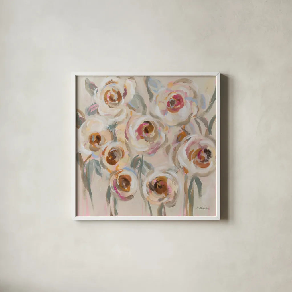 White and Blush Flowers by Silvia Vassileva. Shown in a crisp white glass frame for a clean and minimalist style. Available as an archival giclee rolled canvas, fine art paper, or poster print. SKU 89033a.