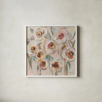 White and Blush Flowers by Silvia Vassileva. Shown in a crisp white glass frame for a clean and minimalist style. Available as an archival giclee rolled canvas, fine art paper, or poster print. SKU 89033a.