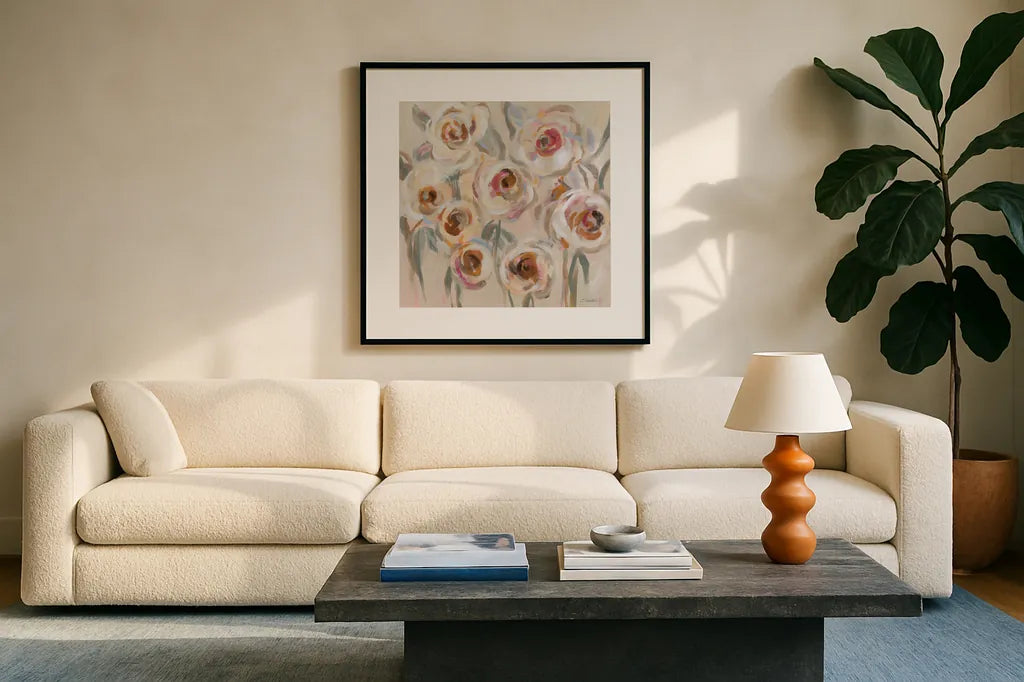 White and Blush Flowers by Silvia Vassileva. Displayed in a glass frame with matte in a clean modern living room. Available as an archival giclee rolled canvas, fine art paper, or poster print. SKU 89033a.