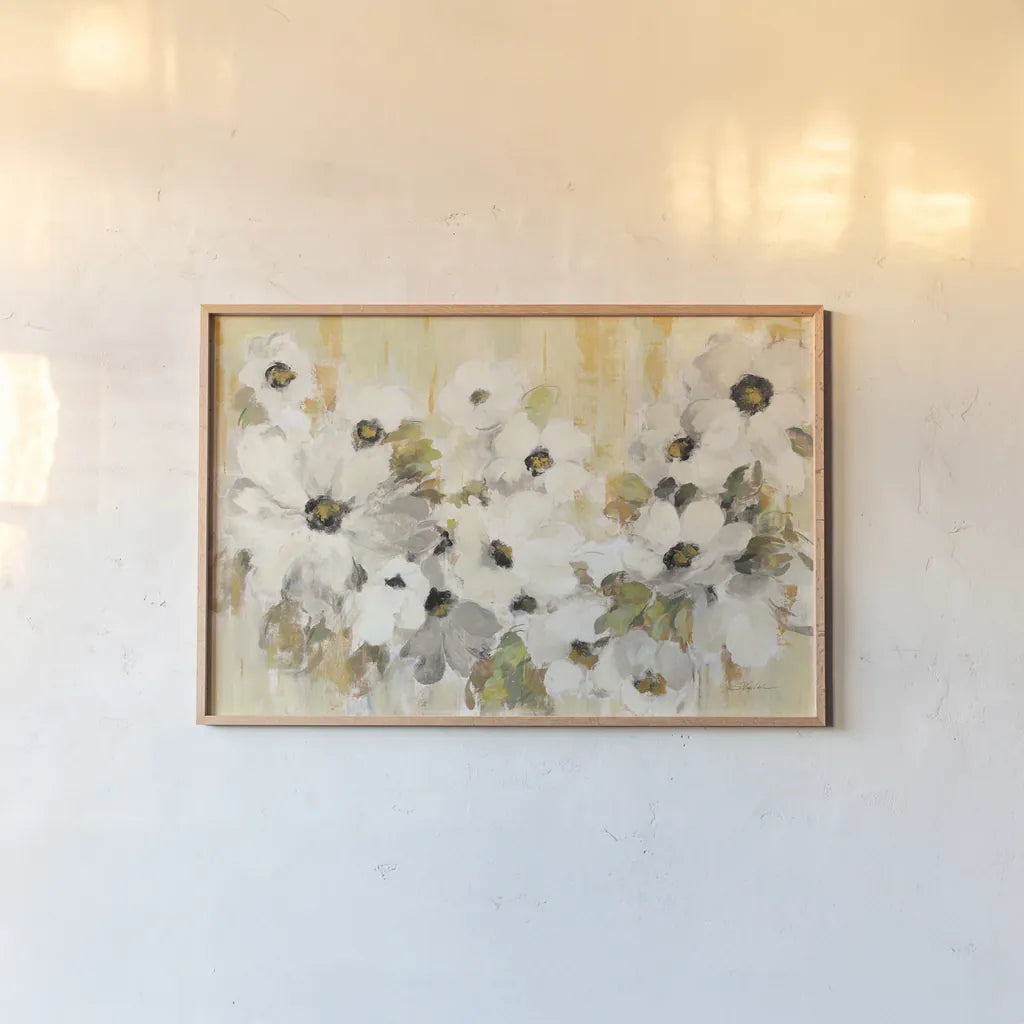 White and Green Bloom by Silvia Vassileva. shown as a paper print in a natural frame. Available as a archival giclee rolled canvas, fine art paper, or poster print. SKU 68830i.
