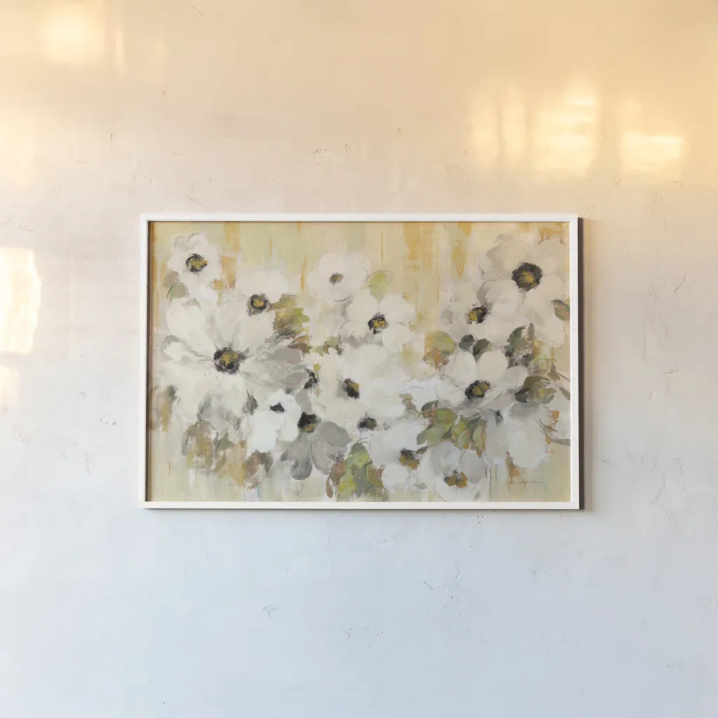White and Green Bloom by Silvia Vassileva. shown as a paper print in a white frame. Available as a archival giclee rolled canvas, fine art paper, or poster print. SKU 68830i.