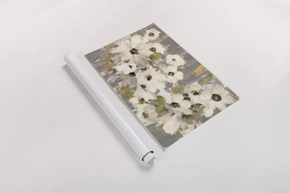 White and Green Bloom Gray by Silvia Vassileva. shown as a rolled paper print. Available as archival giclee rolled canvas, fine art paper, or poster print. SKU 71244i.