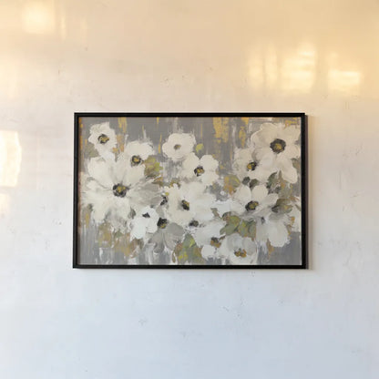 White and Green Bloom Gray by Silvia Vassileva. shown as a paper print in a black flame. Available as a archival giclee rolled canvas, fine art paper, or poster print. SKU 71244i.