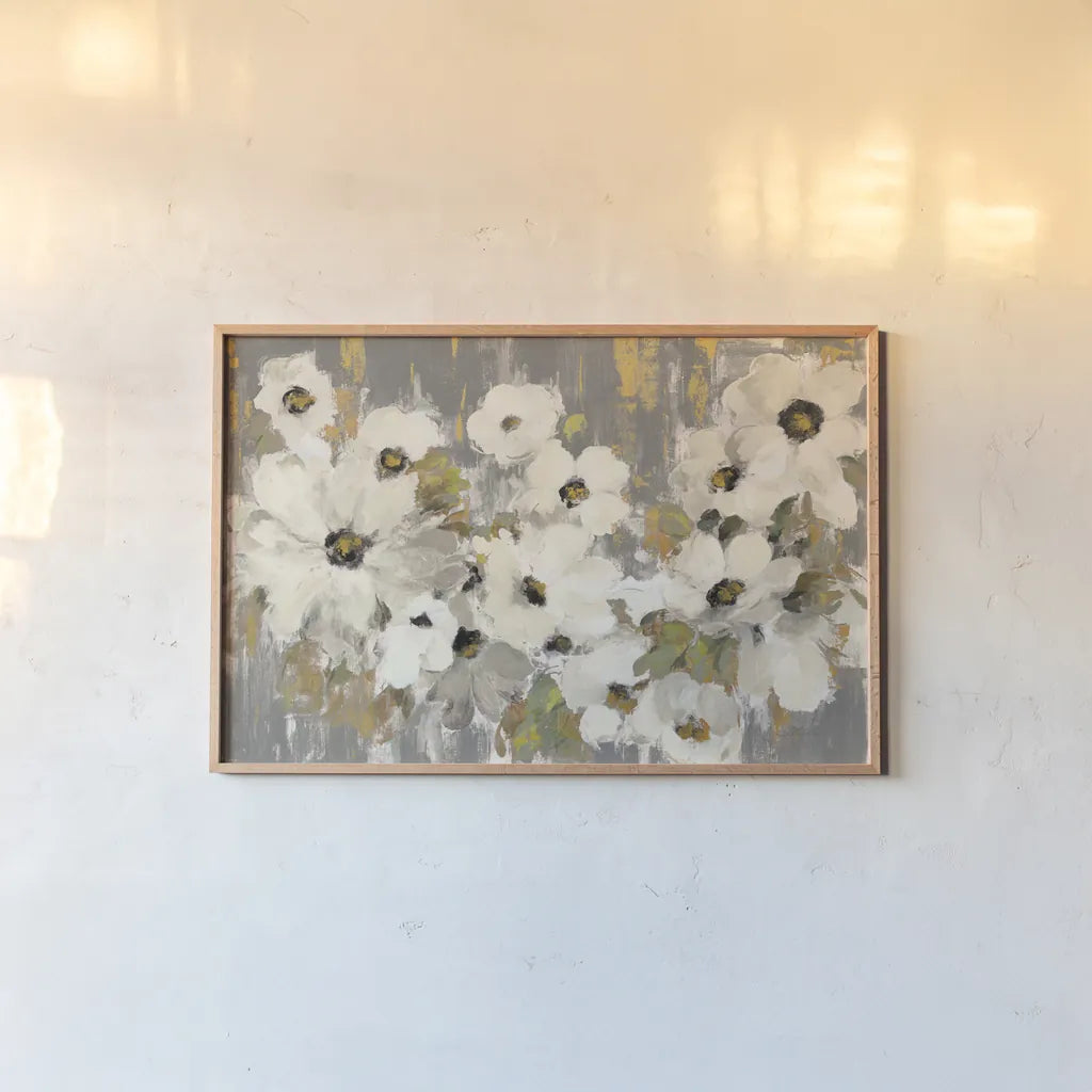 White and Green Bloom Gray by Silvia Vassileva. shown as a paper print in a natural frame. Available as a archival giclee rolled canvas, fine art paper, or poster print. SKU 71244i.
