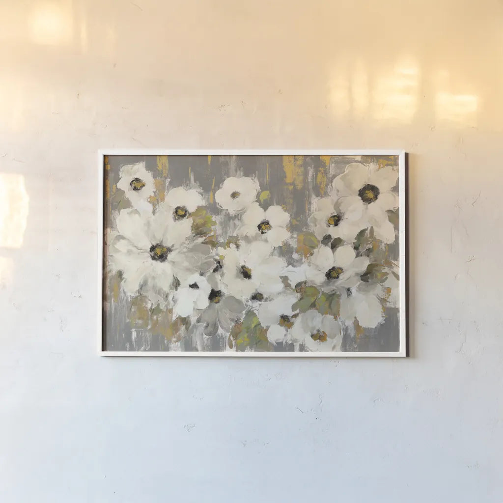 White and Green Bloom Gray by Silvia Vassileva. shown as a paper print in a white frame. Available as a archival giclee rolled canvas, fine art paper, or poster print. SKU 71244i.
