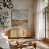 Wide Fields Triptych II by Silvia Vassileva. Shown in a natural wood frame in a cozy modern living room. Available as an archival giclee rolled canvas, fine art paper, or poster print. SKU 98688a.