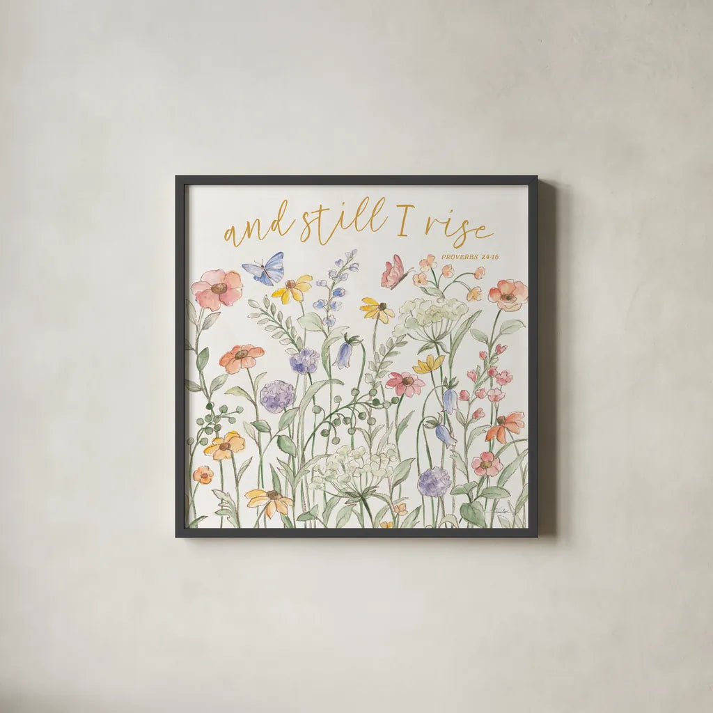 Wild Bloom III Religious by Silvia Vassileva. Shown in a sleek black glass frame for a contemporary gallery look. Available as an archival giclee rolled canvas, fine art paper, or poster print. SKU 99218a.