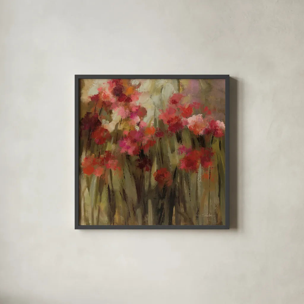 Wild Carnations by Silvia Vassileva. Shown in a sleek black glass frame for a contemporary gallery look. Available as an archival giclee rolled canvas, fine art paper, or poster print. SKU 95704a.