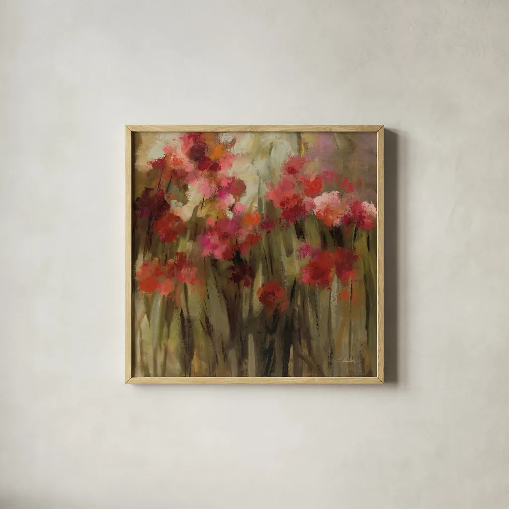 Wild Carnations by Silvia Vassileva. Shown in a natural wood glass frame for a timeless modern aesthetic. Available as an archival giclee rolled canvas, fine art paper, or poster print. SKU 95704a.