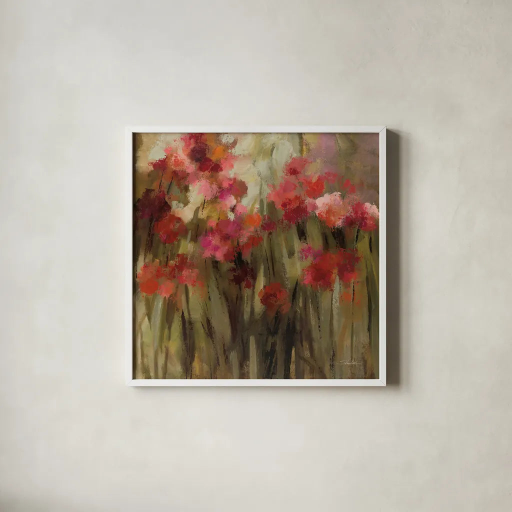 Wild Carnations by Silvia Vassileva. Shown in a crisp white glass frame for a clean and minimalist style. Available as an archival giclee rolled canvas, fine art paper, or poster print. SKU 95704a.